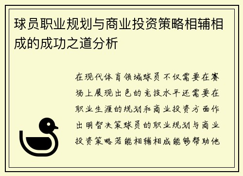 球员职业规划与商业投资策略相辅相成的成功之道分析 球员职业规划与商业投资策略相辅相成的成功之道分析
