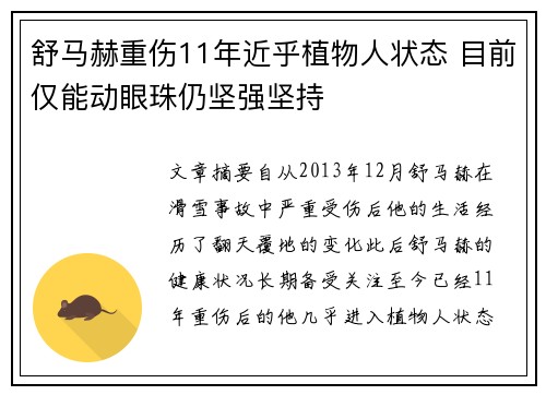 舒马赫重伤11年近乎植物人状态 目前仅能动眼珠仍坚强坚持