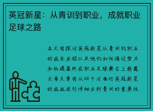 英冠新星：从青训到职业，成就职业足球之路
