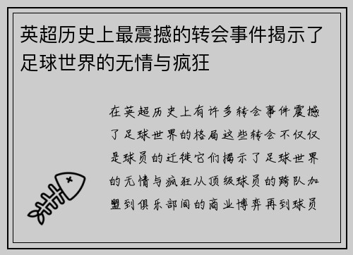 英超历史上最震撼的转会事件揭示了足球世界的无情与疯狂 英超历史上最震撼的转会事件揭示了足球世界的无情与疯狂