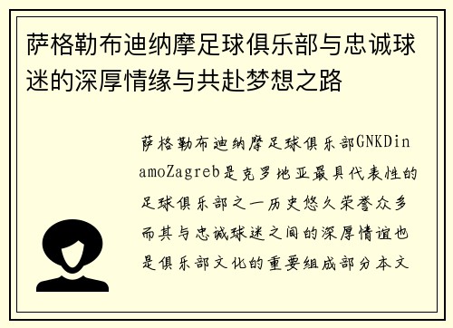 萨格勒布迪纳摩足球俱乐部与忠诚球迷的深厚情缘与共赴梦想之路 萨格勒布迪纳摩足球俱乐部与忠诚球迷的深厚情缘与共赴梦想之路
