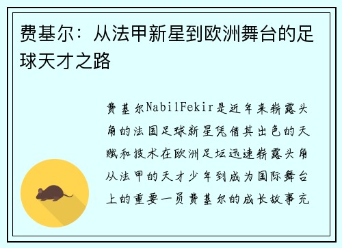 费基尔:从法甲新星到欧洲舞台的足球天才之路 费基尔:从法甲新星到欧洲舞台的足球天才之路